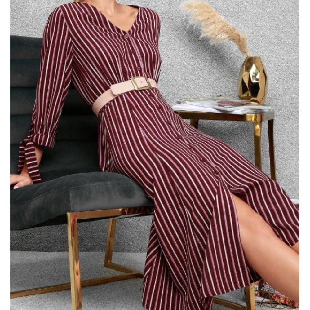 Lulu's Parisa Burgundy Stripe Button-Front Dress